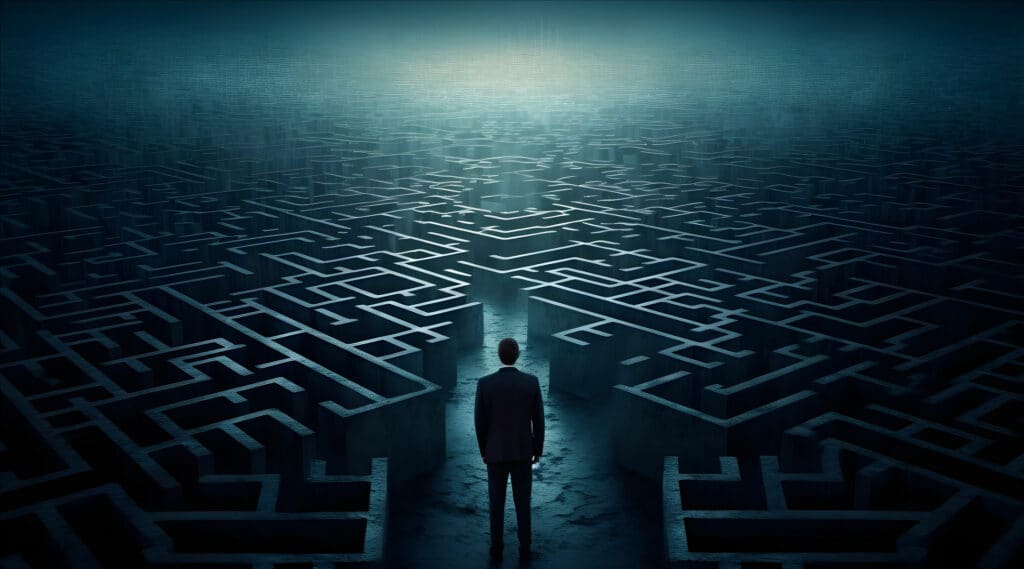 Photo avec un entrepreneur seul devant un labyrinthe
